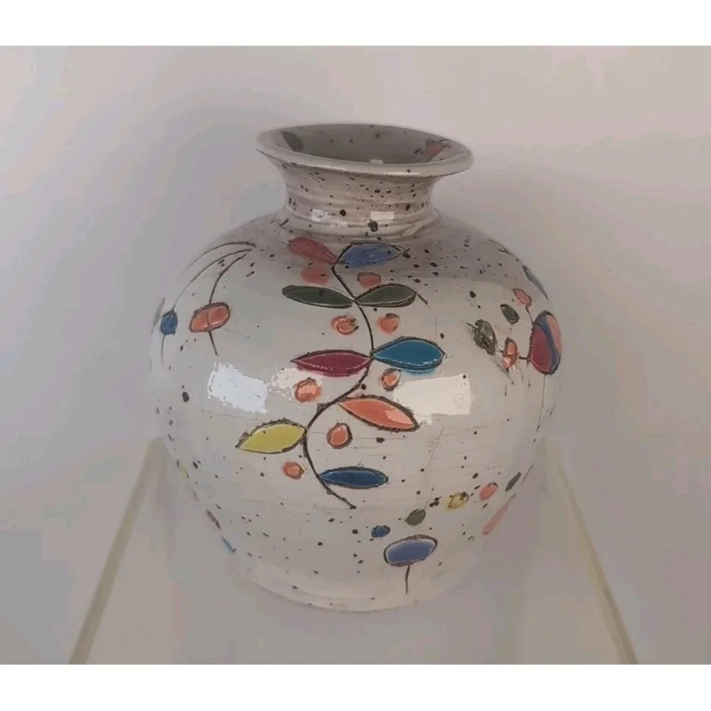 Glazed Handmade Pot/Vase Colorful Design Signed & Dated Contemporary, Cute Bugs?